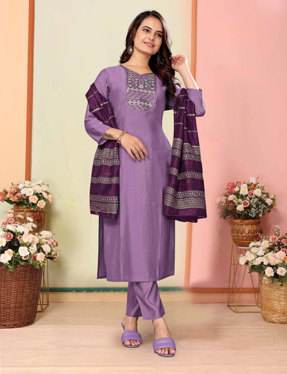Lavender Silk Embroidered Kurta Pant Dupatta Set for Women