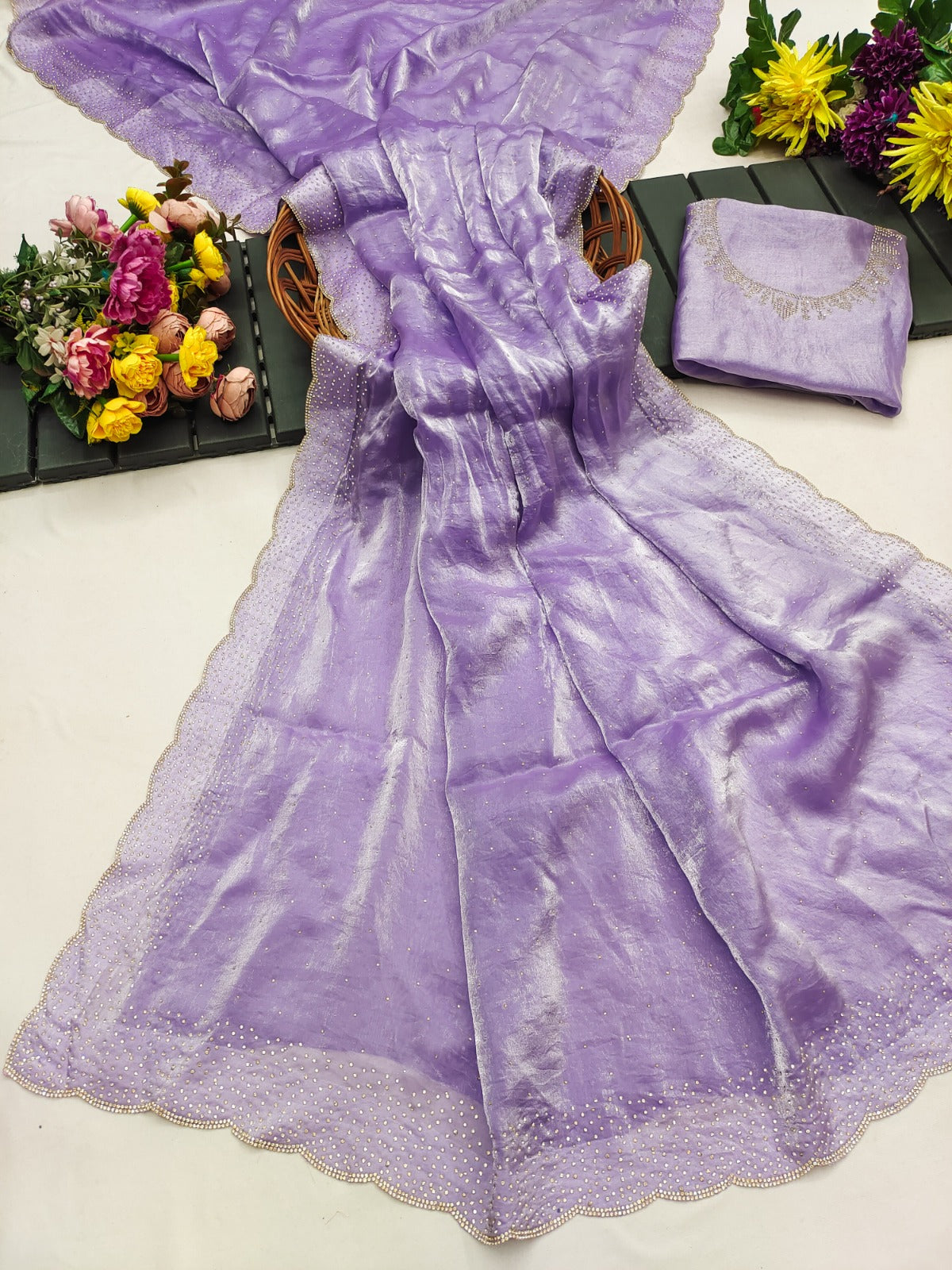 Elegant Lavender Silk Saree with Zarkan Diamond Border