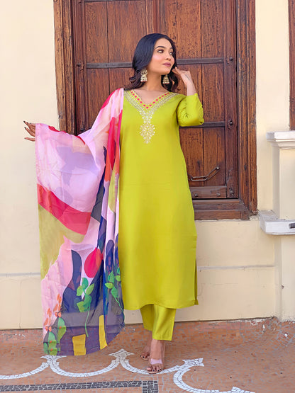 Lemon Yellow Embroidered Rayon Kurta Set with Dupatta for Women