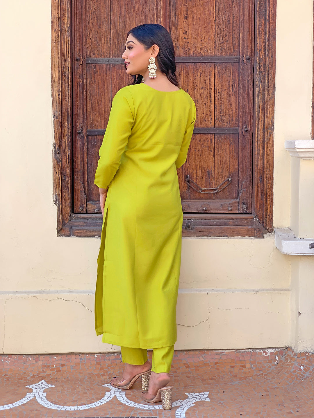 Lemon Yellow Embroidered Rayon Kurta Set with Dupatta for Women