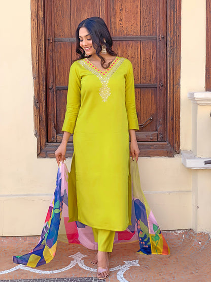 Lemon Yellow Embroidered Rayon Kurta Set with Dupatta for Women