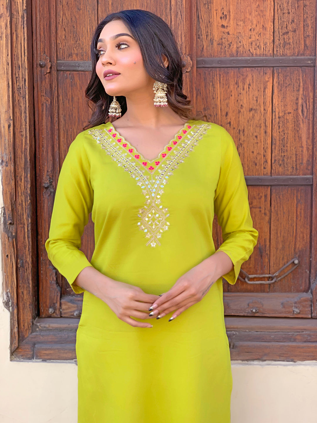 Lemon Yellow Embroidered Rayon Kurta Set with Dupatta for Women