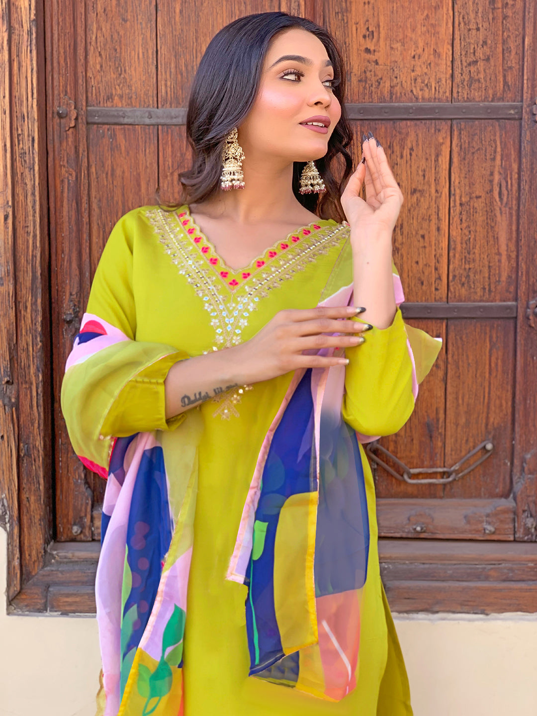 Lemon Yellow Embroidered Rayon Kurta Set with Dupatta for Women