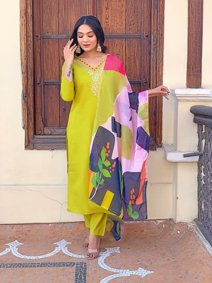 Lemon Yellow Embroidered Rayon Kurta Set with Dupatta for Women