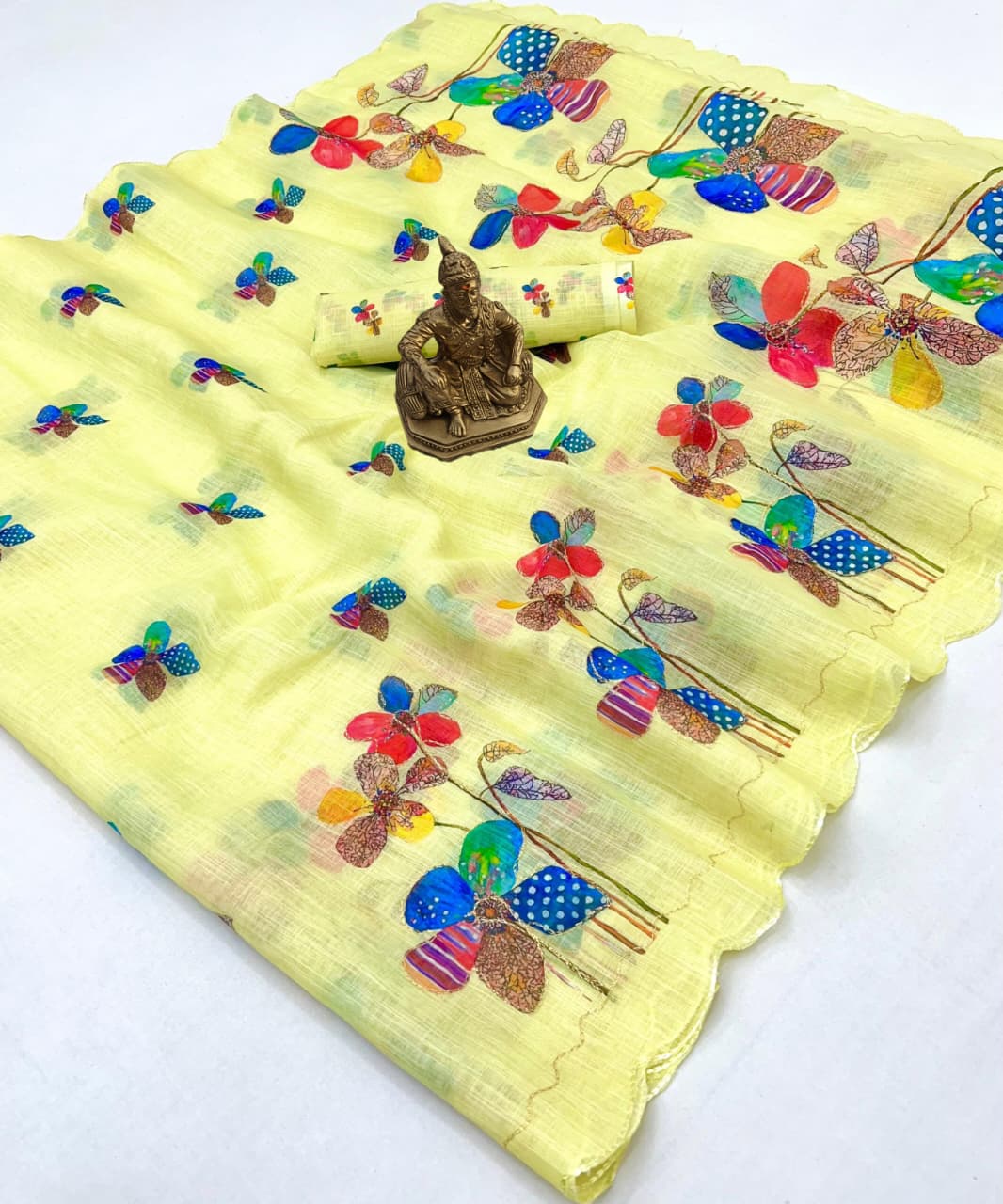 Lemon Yellow Linen Saree with Floral Aari Zari Work for Women