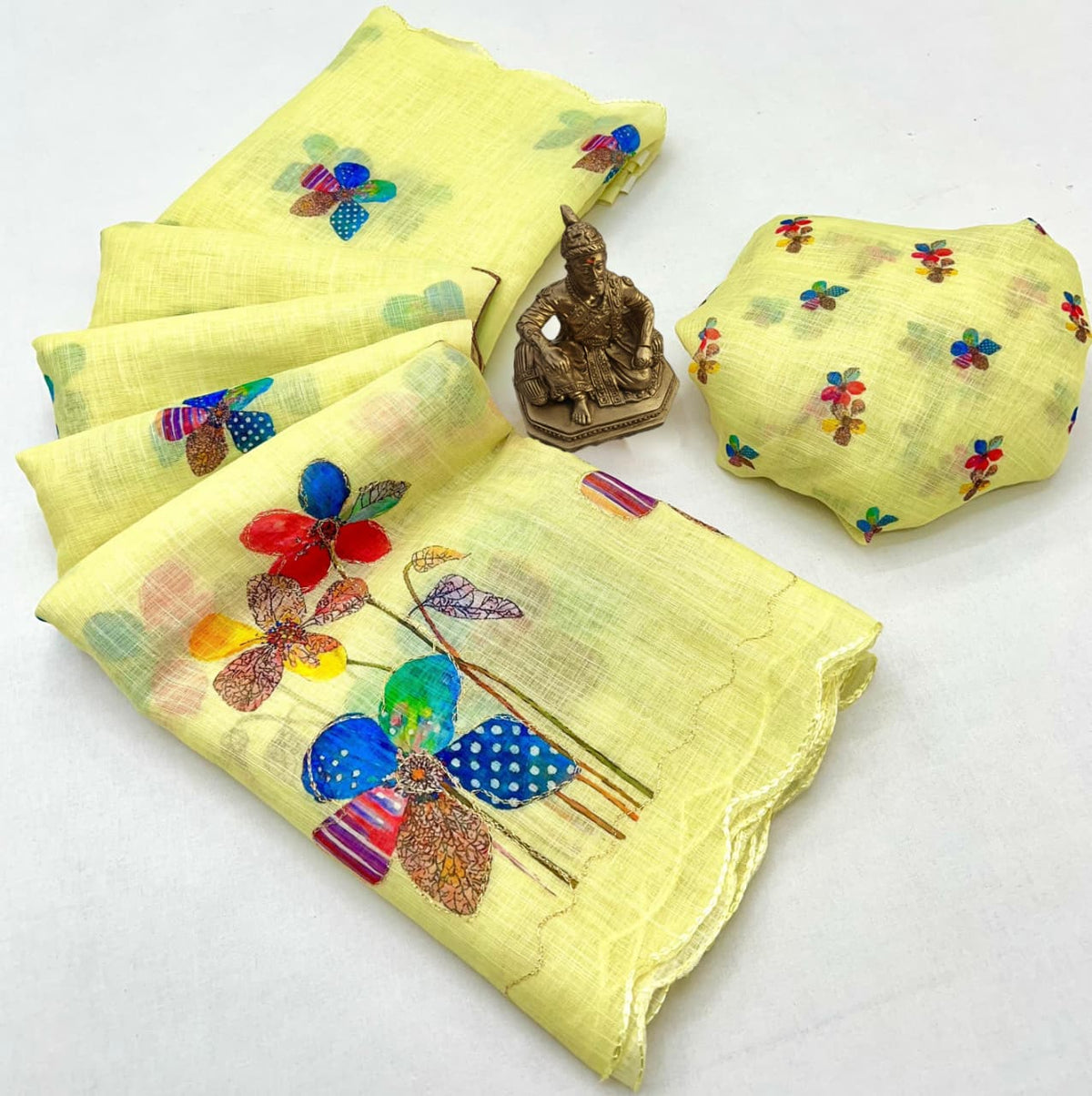 Lemon Yellow Linen Saree with Floral Aari Zari Work for Women