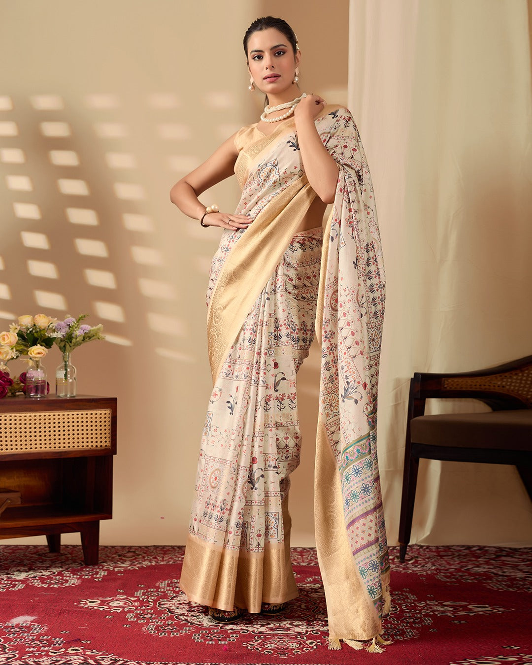 Beige Lichi Silk Saree with Gold Zari Border Design for Women