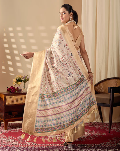 Beige Lichi Silk Saree with Gold Zari Border Design for Women