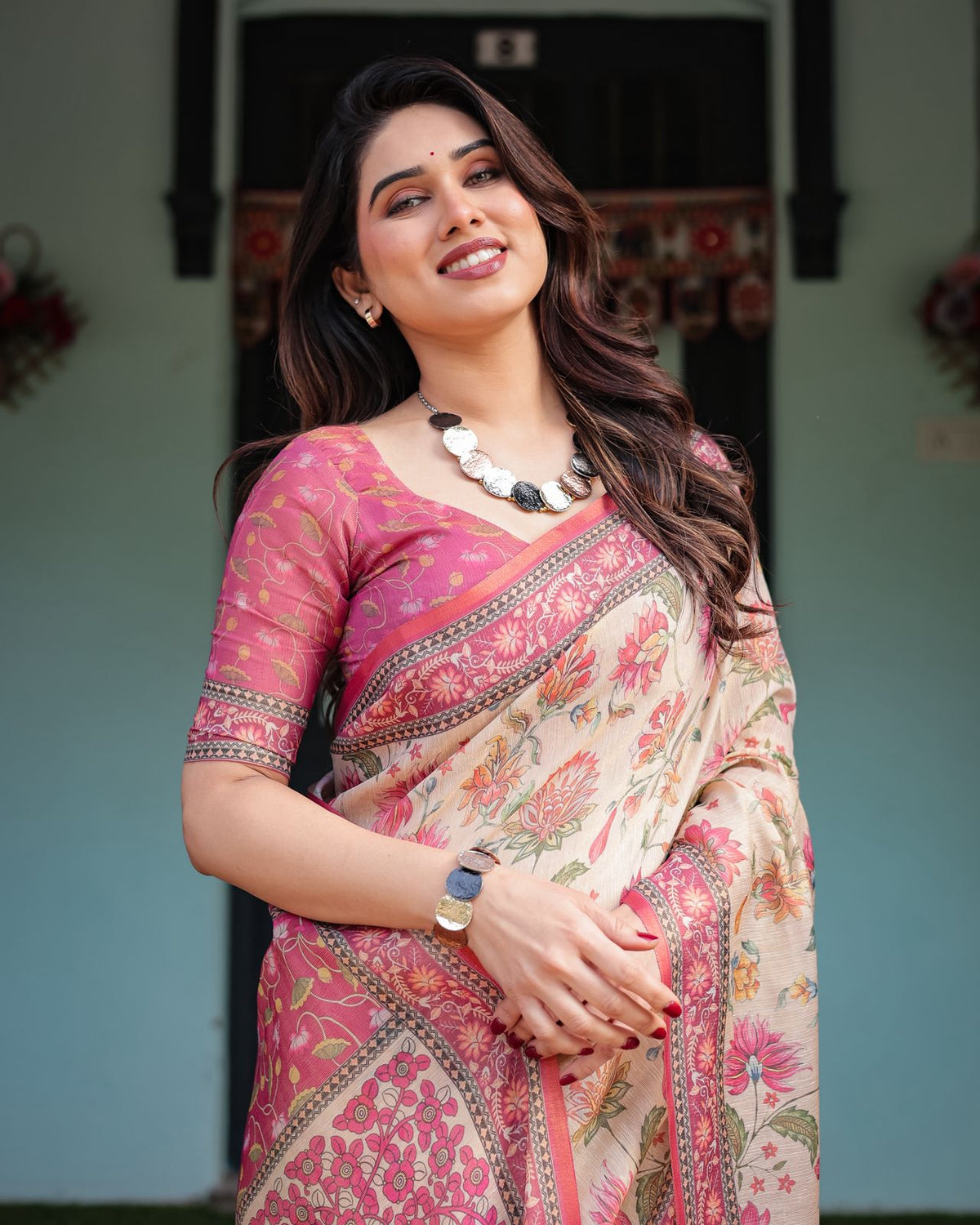 Lightweight Cream Saree with Designer Floral Pattern for Women