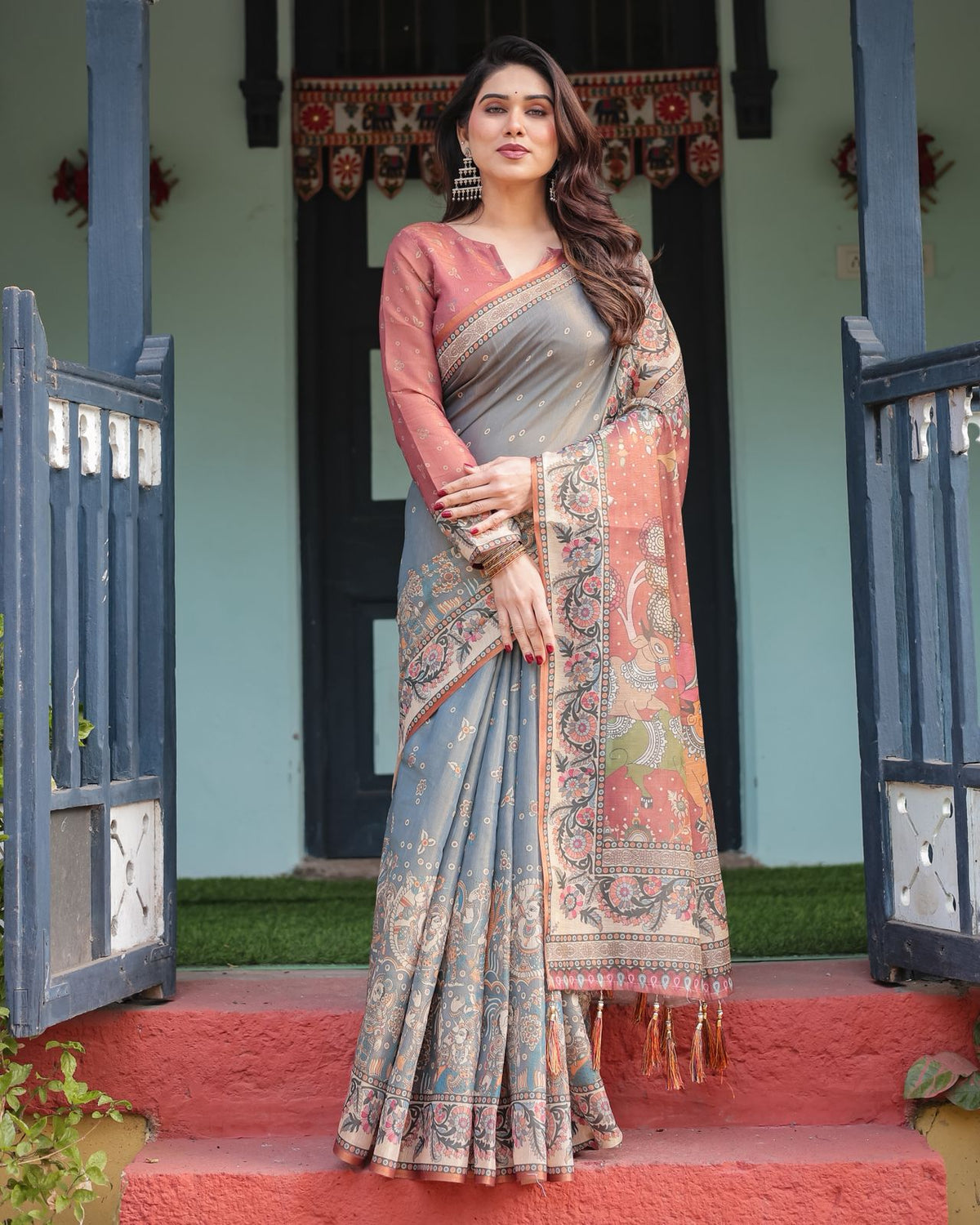 Lightweight Grey Saree with Rust Designer Border for Women