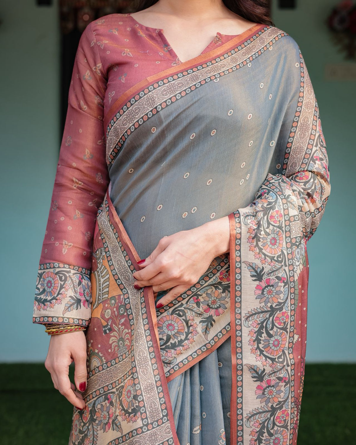 Lightweight Grey Saree with Rust Designer Border for Women