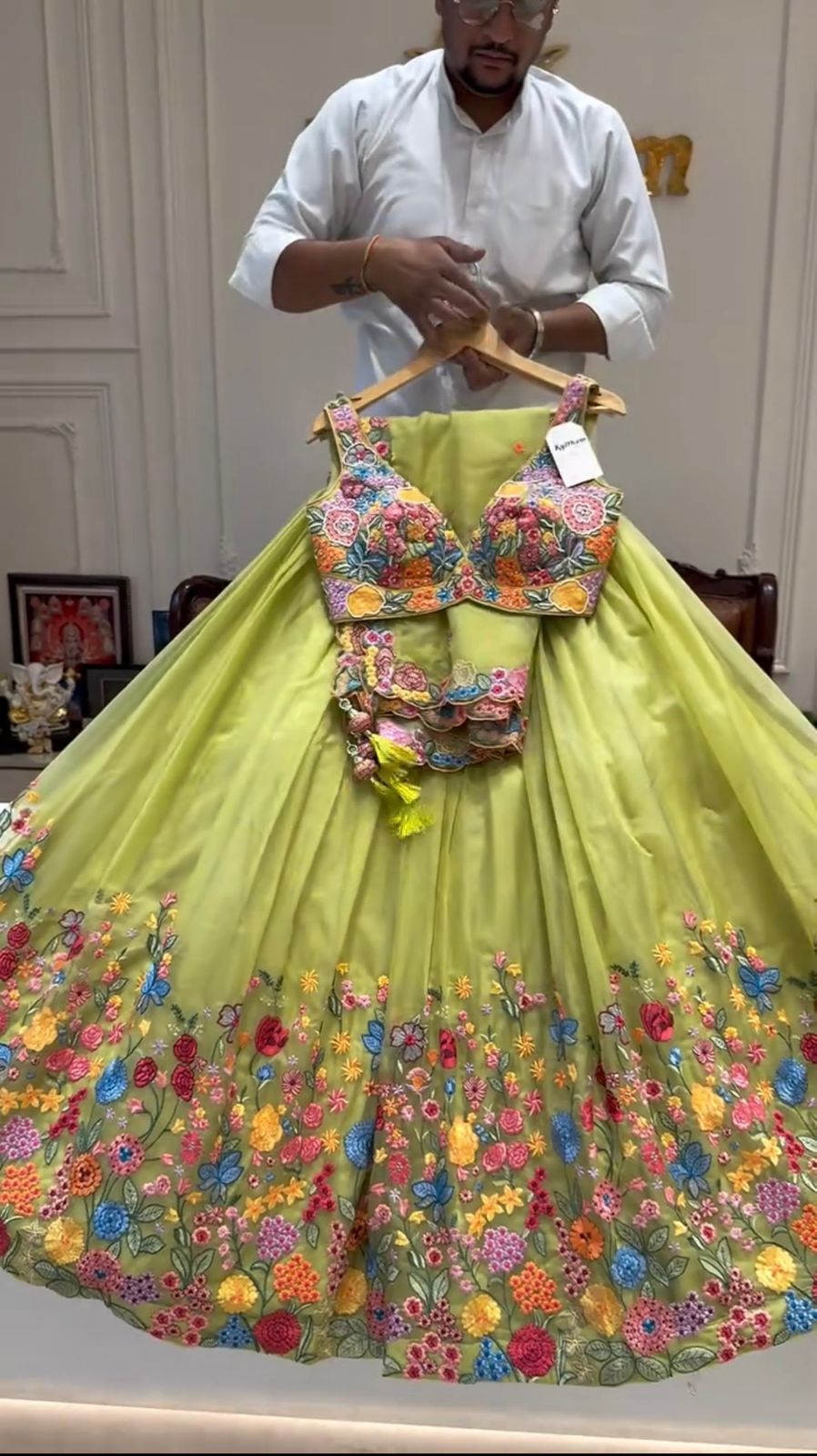 Lime Floral Embroidered Butterfly Net Lehenga Set for Women