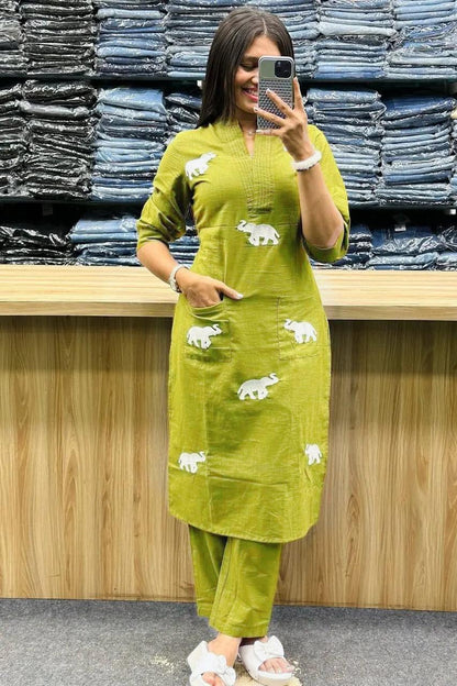 Lime Green Elephant Embroidery Rayon Kurti Pant Set for Women