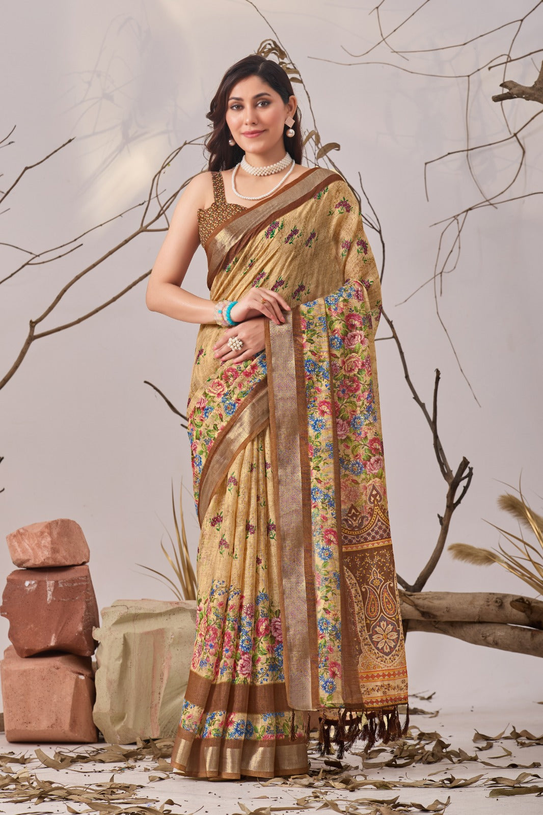 Floral Linen Cotton Saree with Printed Blouse