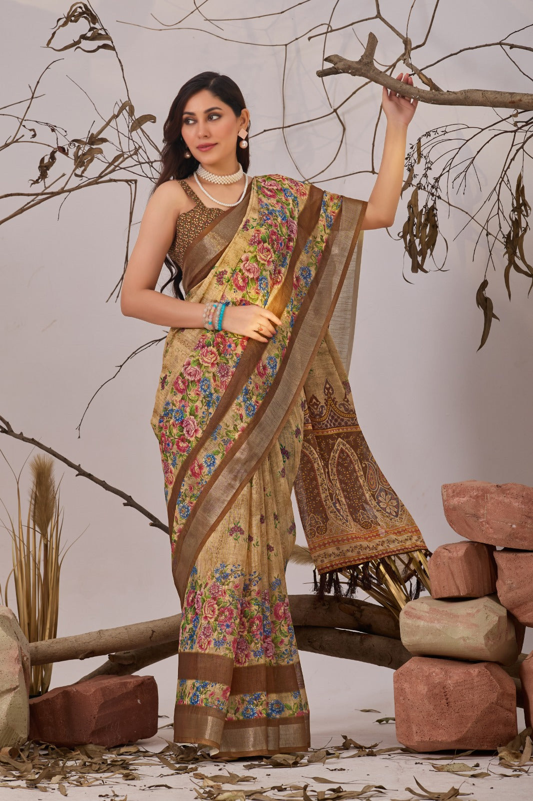 Floral Linen Cotton Saree with Printed Blouse for Women