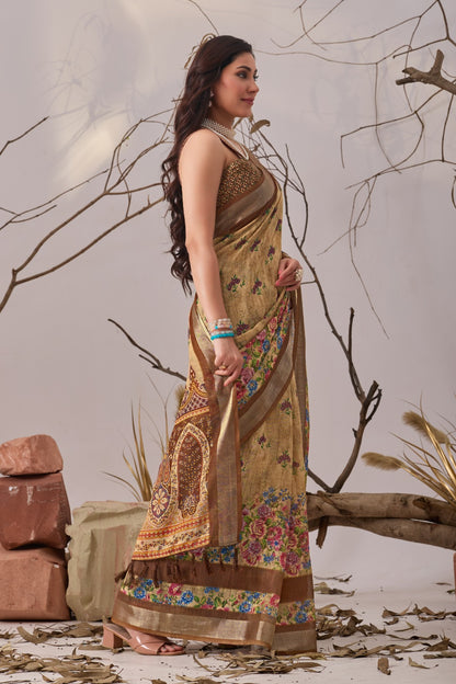 Floral Linen Cotton Saree with Printed Blouse for Women