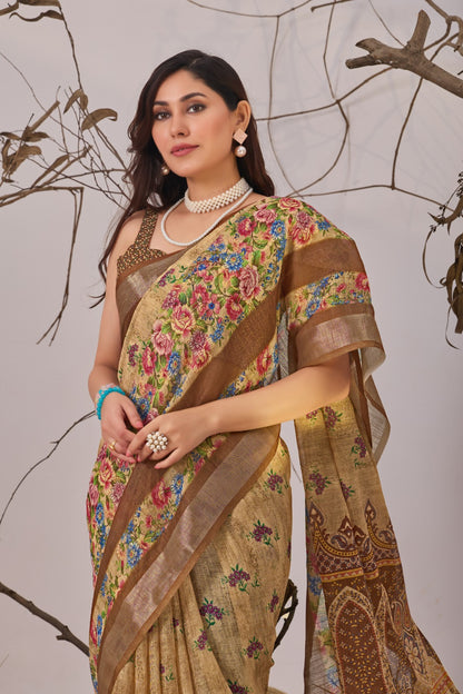 Floral Linen Cotton Saree with Printed Blouse for Women