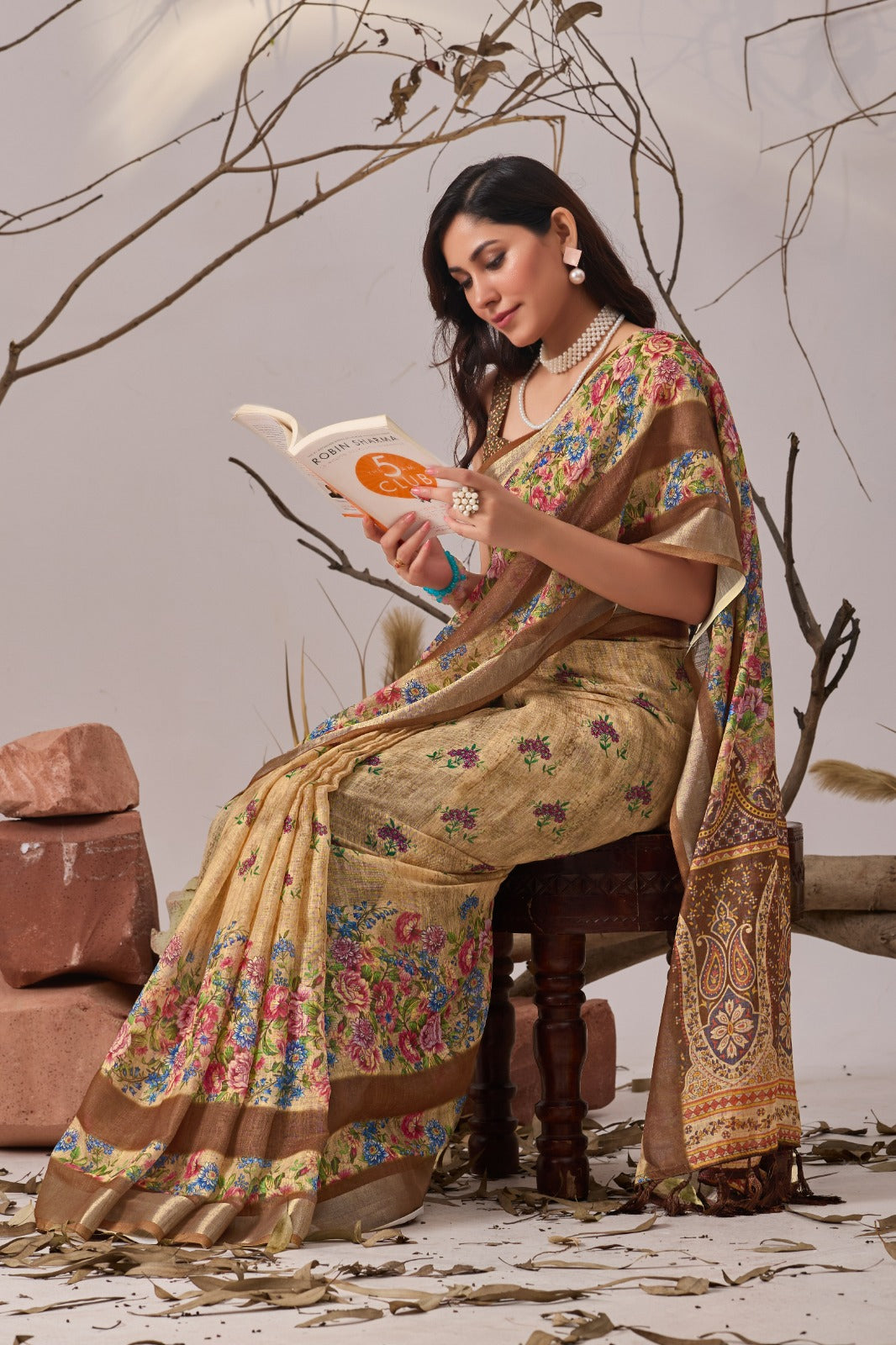 Floral Linen Cotton Saree with Printed Blouse for Women