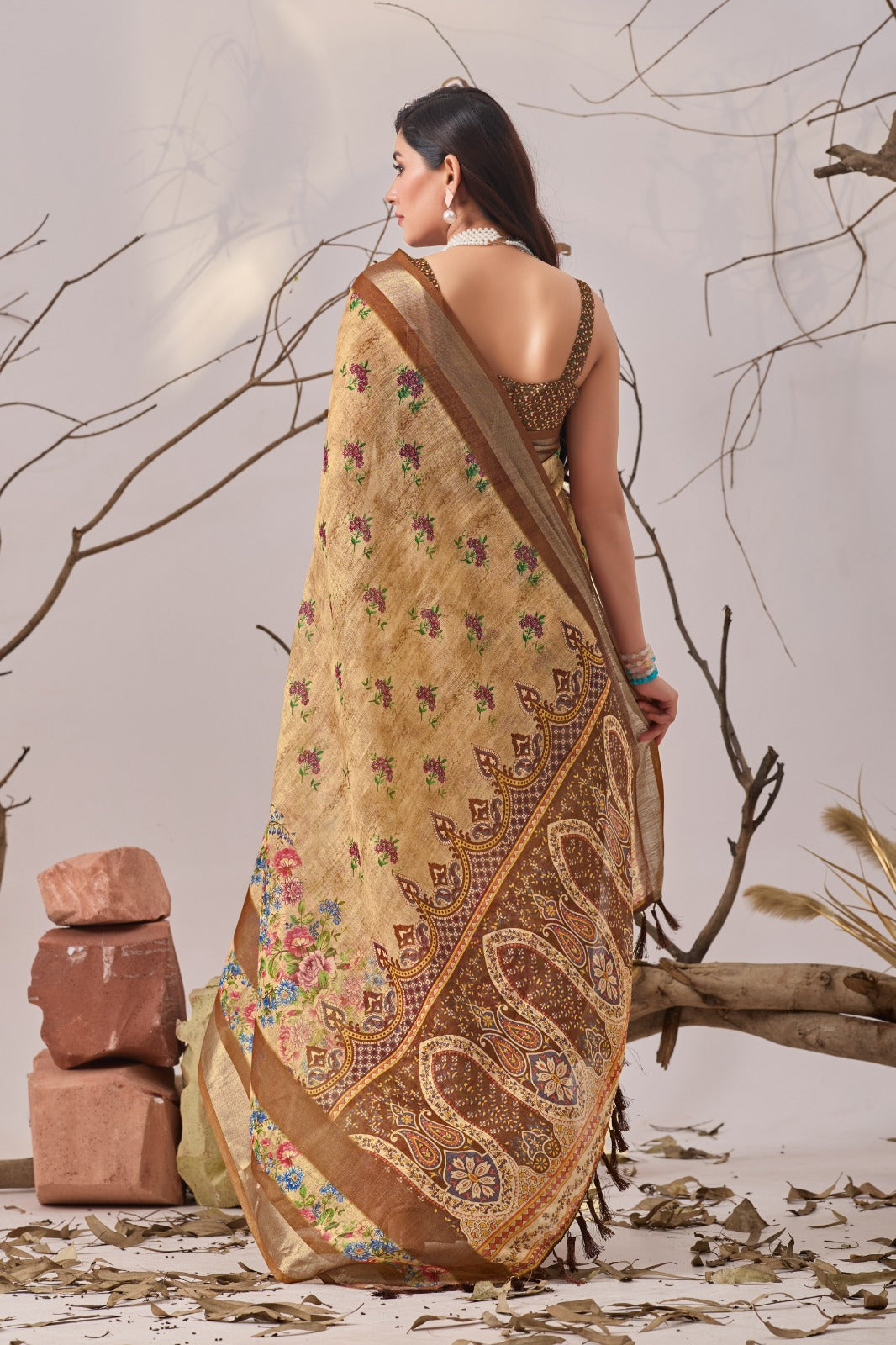 Floral Linen Cotton Saree with Printed Blouse for Women