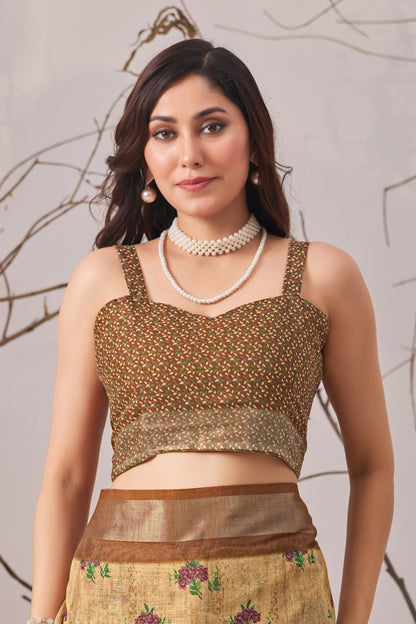 Floral Linen Cotton Saree with Printed Blouse for Women