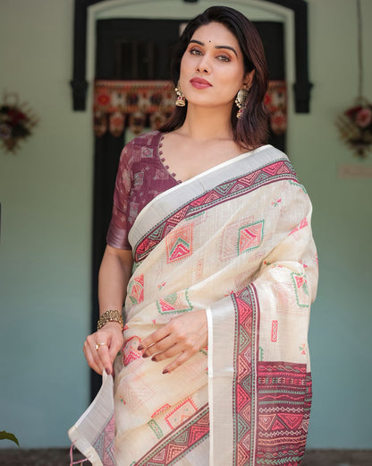 Ivory Linen Saree with Geometric Prints &amp; Designer Pallu for Women