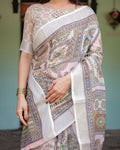 Pure Linen Beige Saree with Artistic Print & Designer Pallu