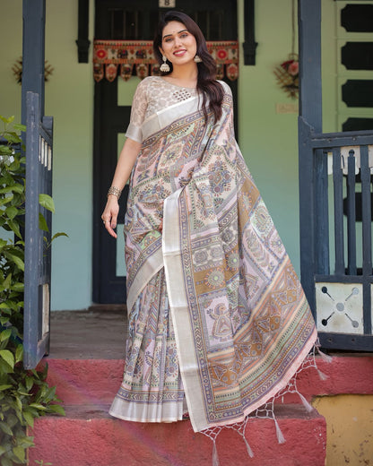 Pure Linen Beige Saree with Artistic Print &amp; Designer Pallu for Women