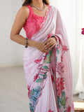 Lotus Print Heavy Chinnon Saree with Kutchi Mirror Lace