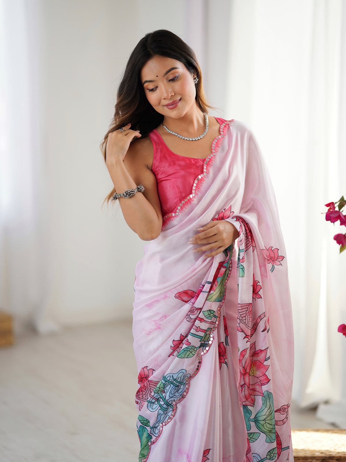 Lotus Print Heavy Chinnon Saree with Kutchi Mirror Lace for Women