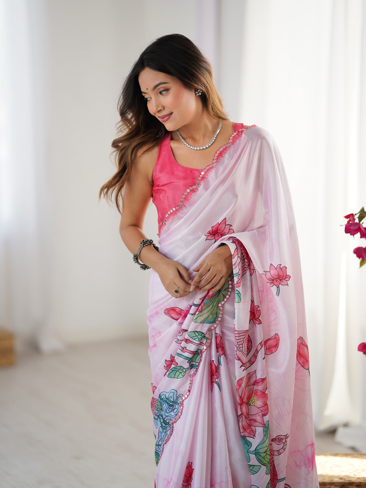 Lotus Print Heavy Chinnon Saree with Kutchi Mirror Lace for Women