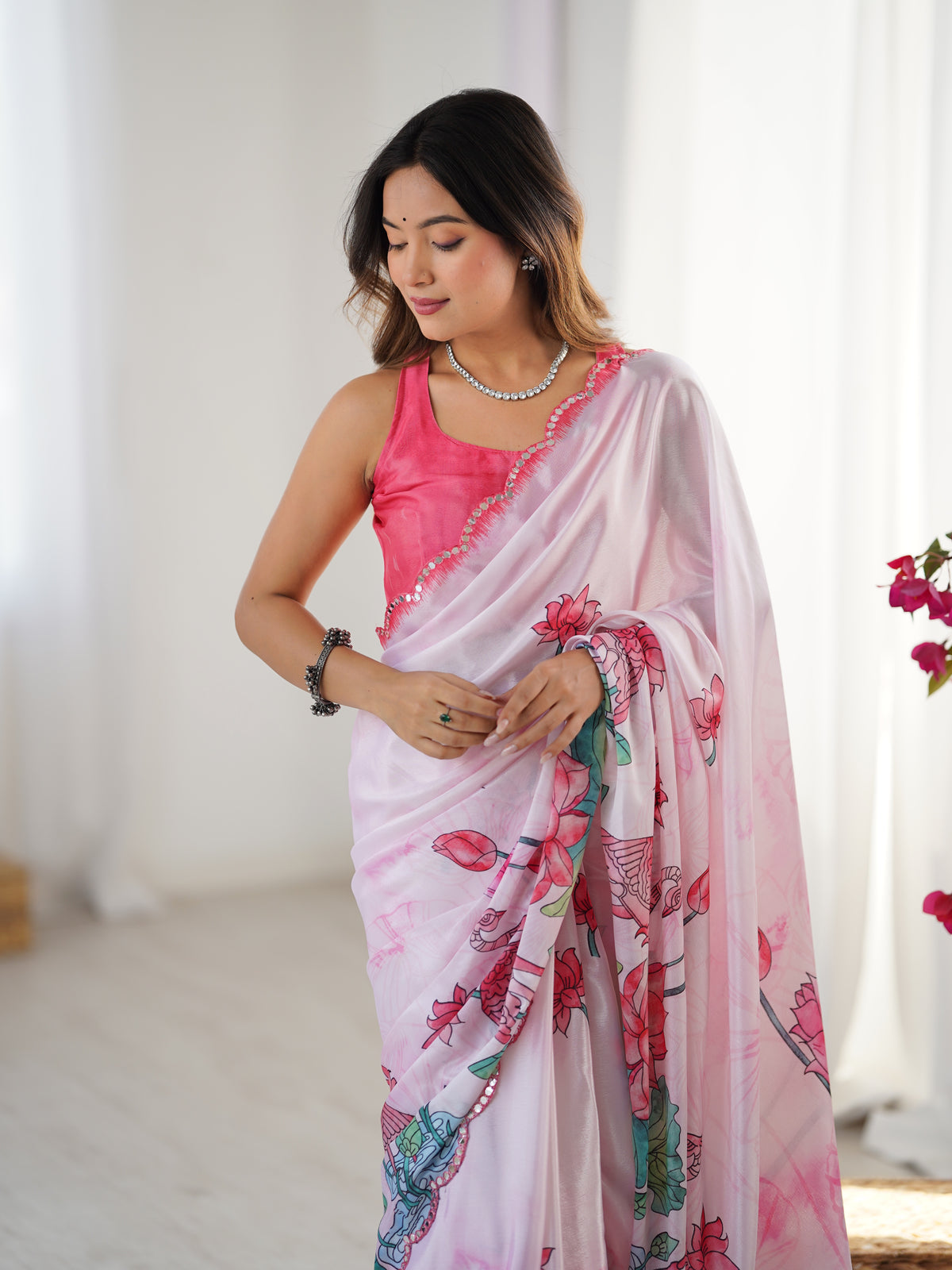 Lotus Print Heavy Chinnon Saree with Kutchi Mirror Lace for Women