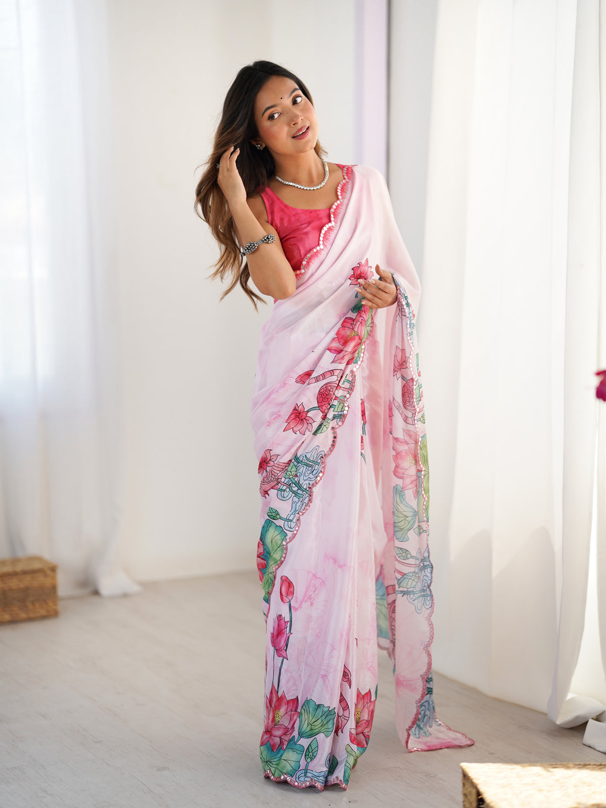 Lotus Print Heavy Chinnon Saree with Kutchi Mirror Lace for Women