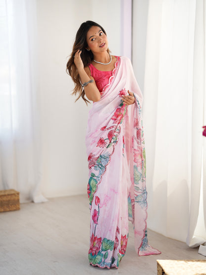 Lotus Print Heavy Chinnon Saree with Kutchi Mirror Lace for Women