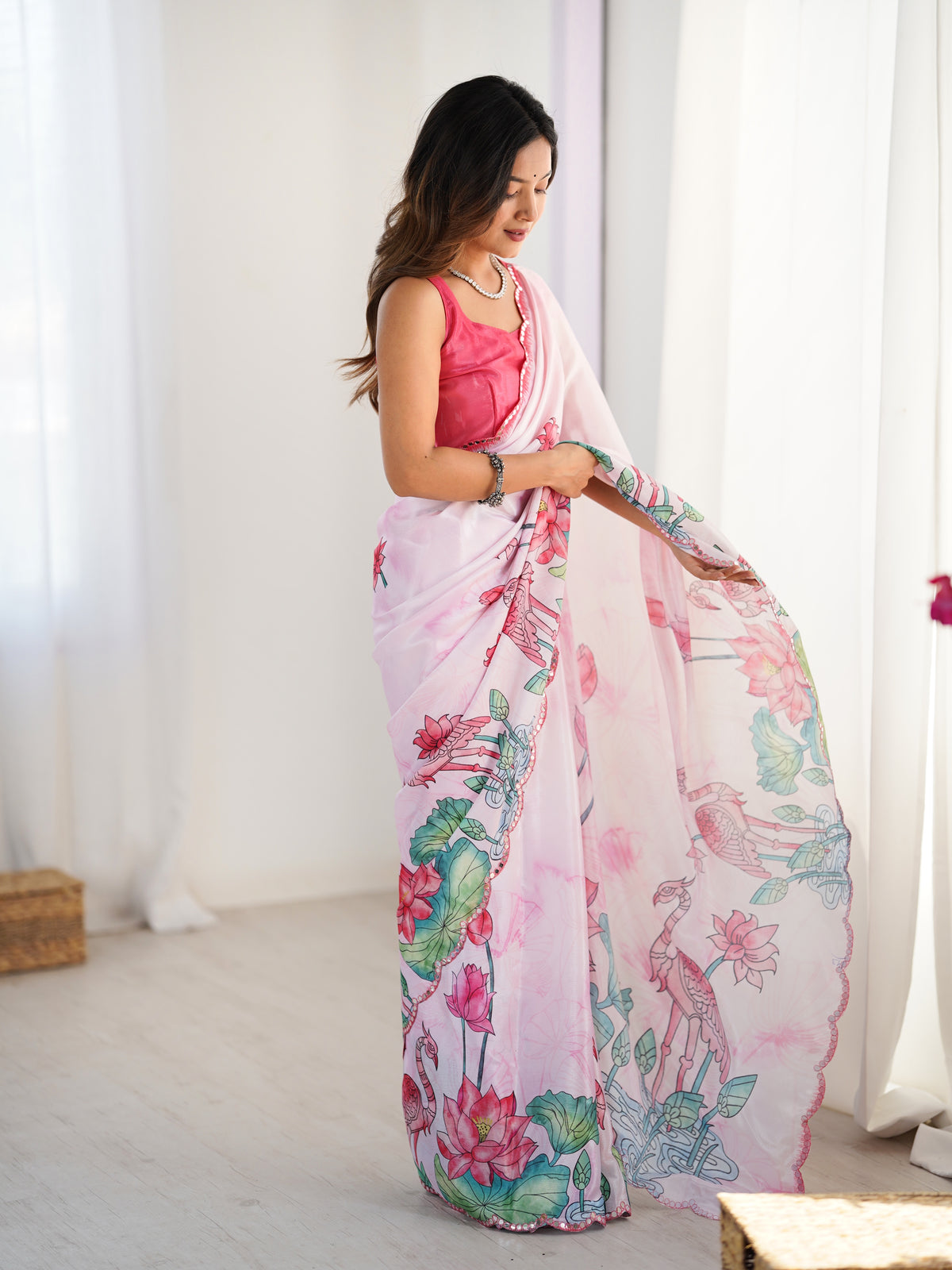 Lotus Print Heavy Chinnon Saree with Kutchi Mirror Lace for Women