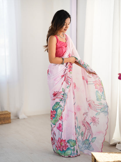 Lotus Print Heavy Chinnon Saree with Kutchi Mirror Lace for Women