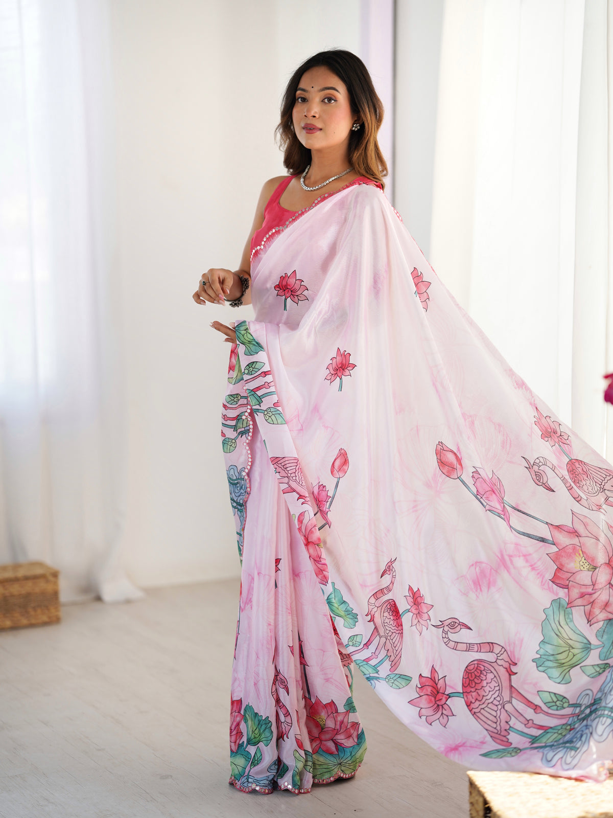 Lotus Print Heavy Chinnon Saree with Kutchi Mirror Lace for Women