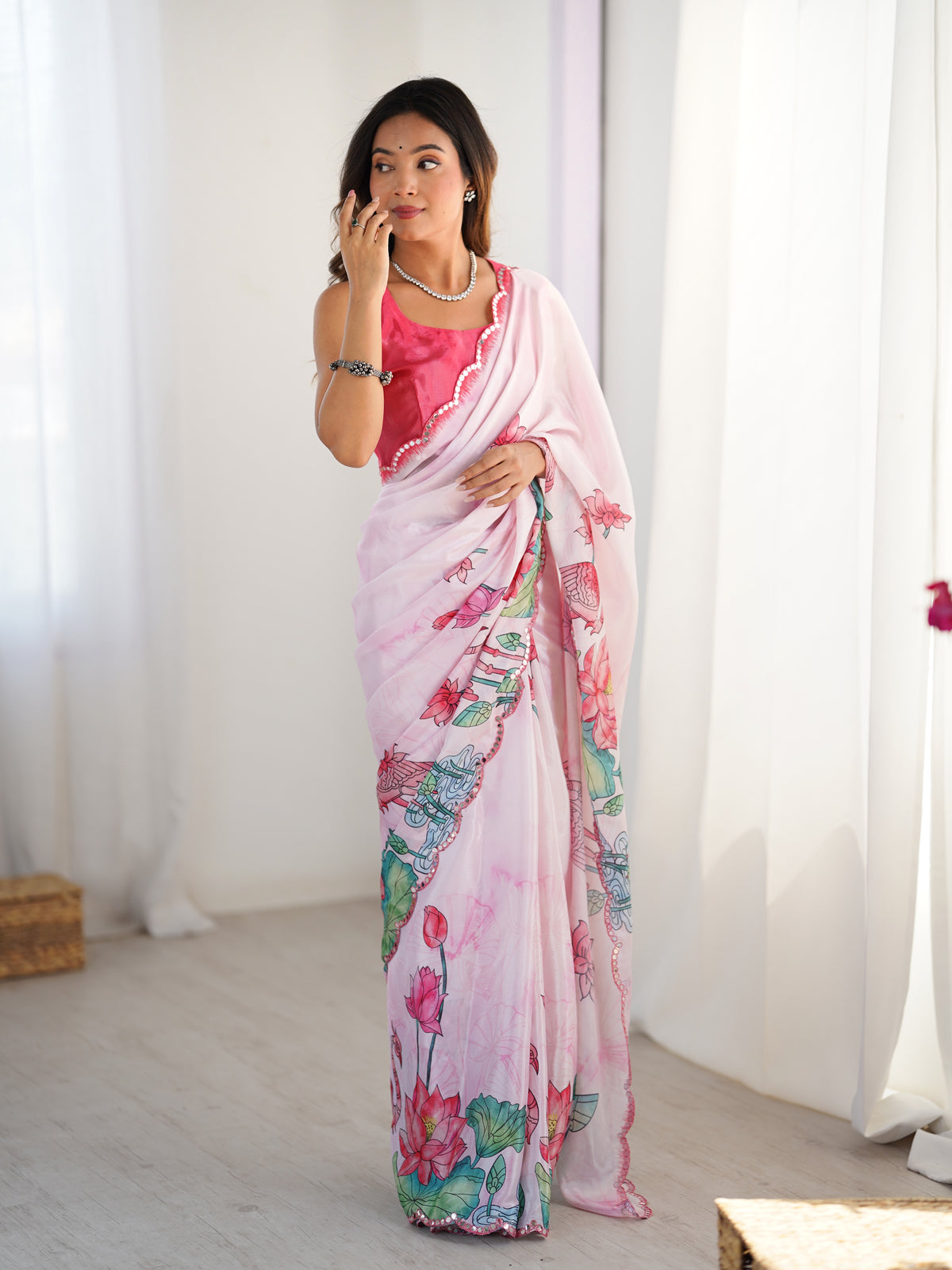 Lotus Print Heavy Chinnon Saree with Kutchi Mirror Lace for Women