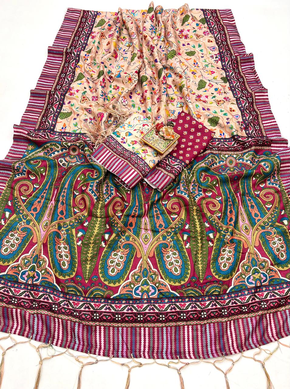 Luxury Pashmina Saree with Paisley Design &amp; Shaw for Women