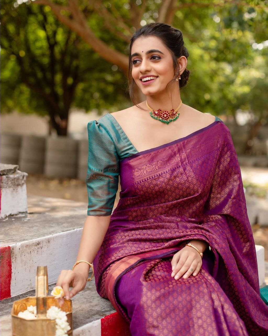 Magenta Lichi Silk Saree with Copper Zari Pallu for Women