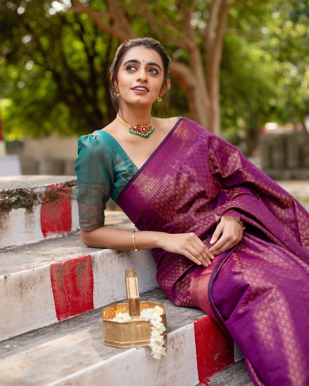 Magenta Lichi Silk Saree with Copper Zari Pallu for Women