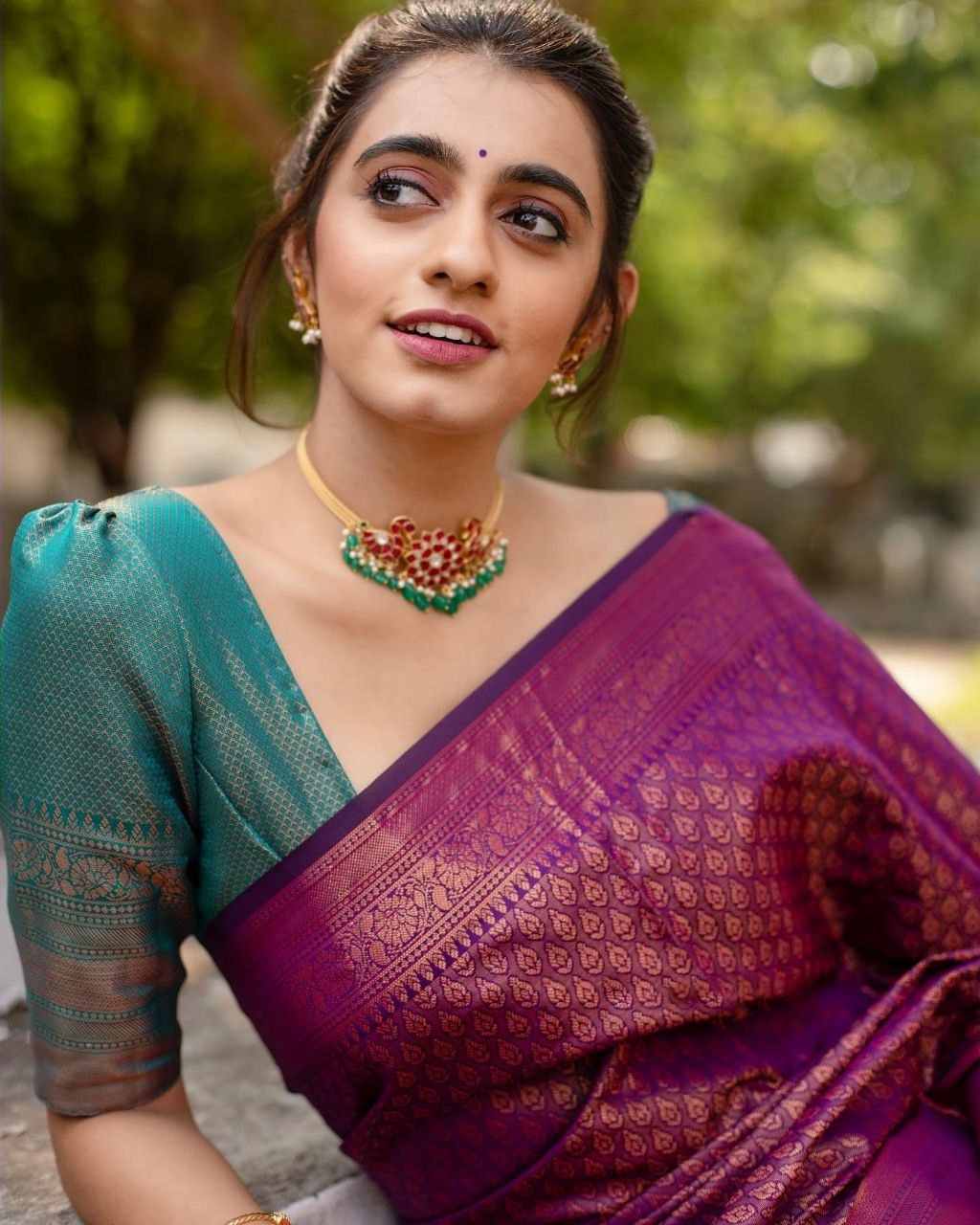 Magenta Lichi Silk Saree with Copper Zari Pallu for Women