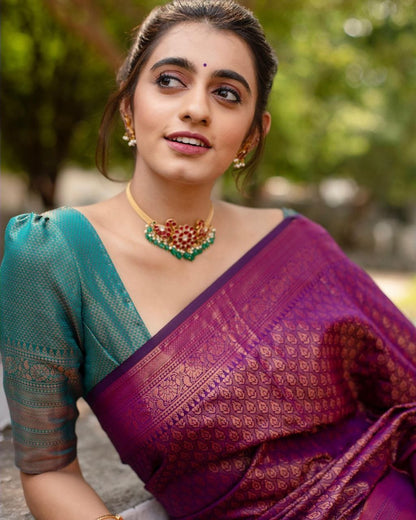Magenta Lichi Silk Saree with Copper Zari Pallu for Women