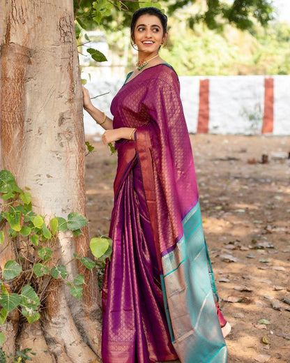 Magenta Lichi Silk Saree with Copper Zari Pallu for Women