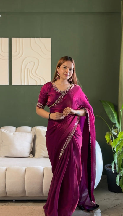 Magenta Space Silk Saree with Jarkan Diamond Work for Women
