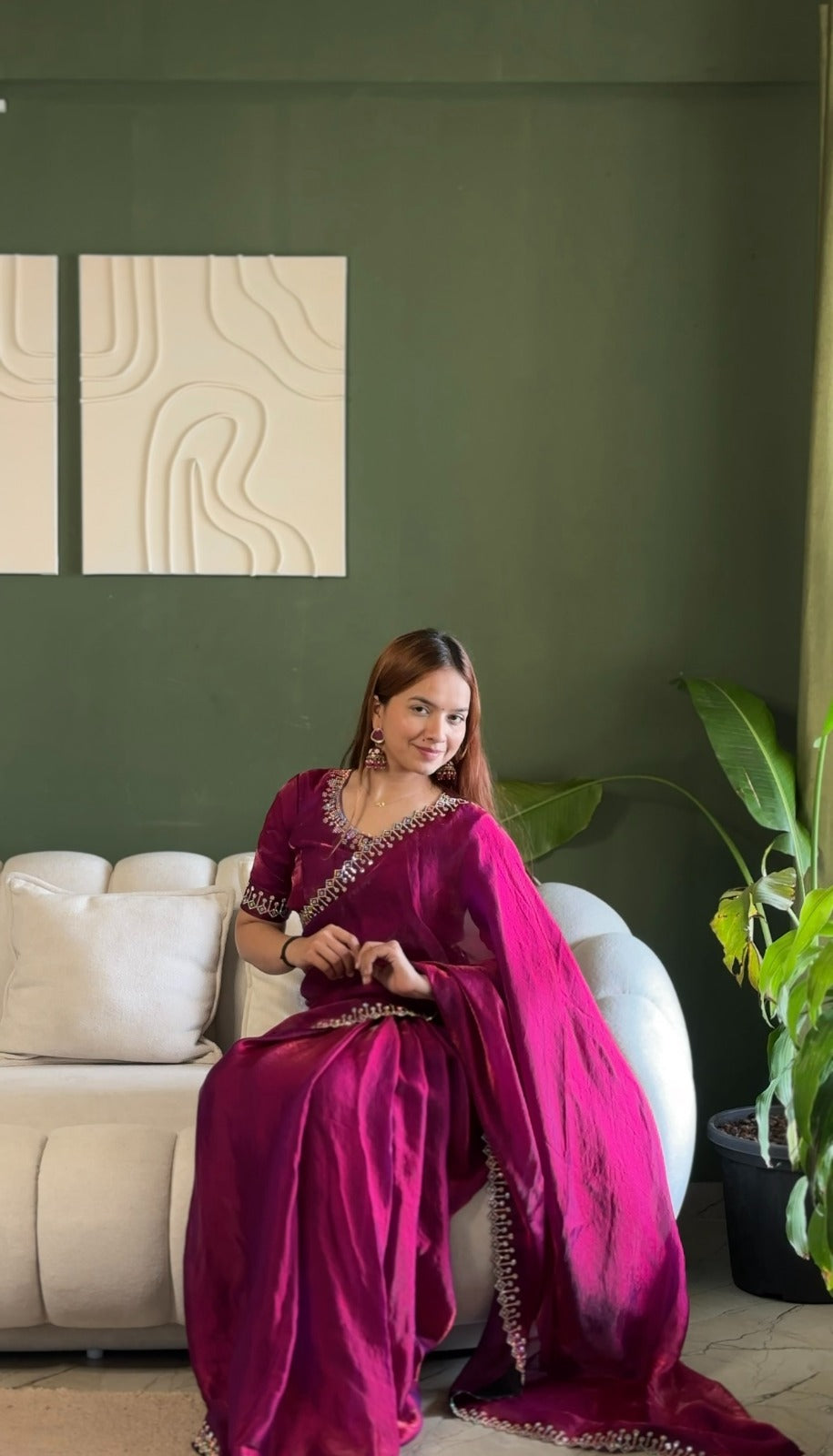 Magenta Space Silk Saree with Jarkan Diamond Work