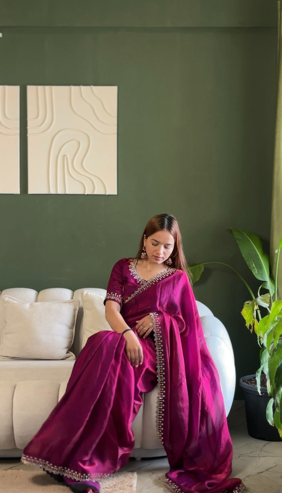 Magenta Space Silk Saree with Jarkan Diamond Work for Women