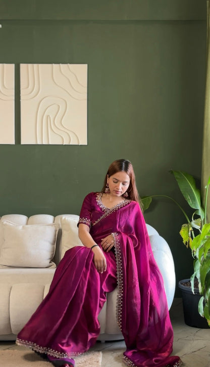 Magenta Space Silk Saree with Jarkan Diamond Work for Women