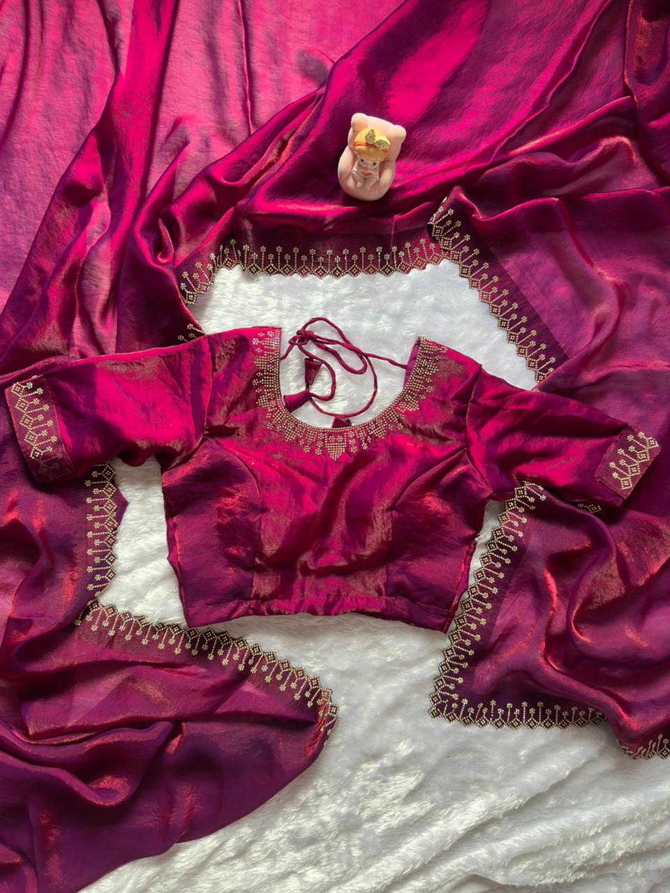 Magenta Space Silk Saree with Jarkan Diamond Work for Women