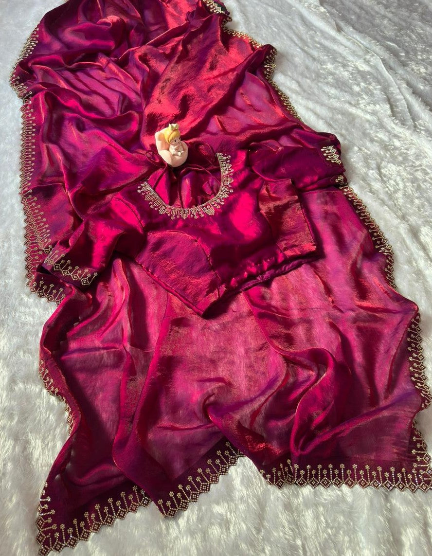 Magenta Space Silk Saree with Jarkan Diamond Work for Women