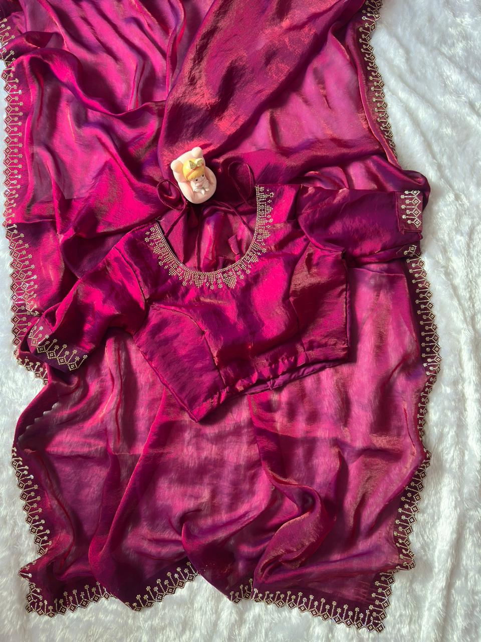Magenta Space Silk Saree with Jarkan Diamond Work for Women